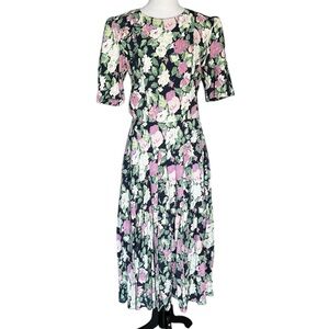 Vintage 80s ED MICHAELS Floral Midi Dress Black Cottagecore Romantic 6